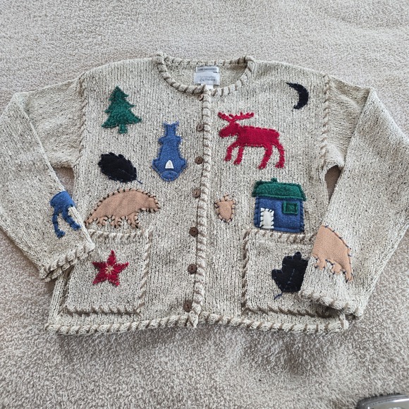 Christopher & Banks Sweaters - Vtg Christopher &Banks Hand Embroidered Cardigan Moose Bear Fish Woodland S NWT*